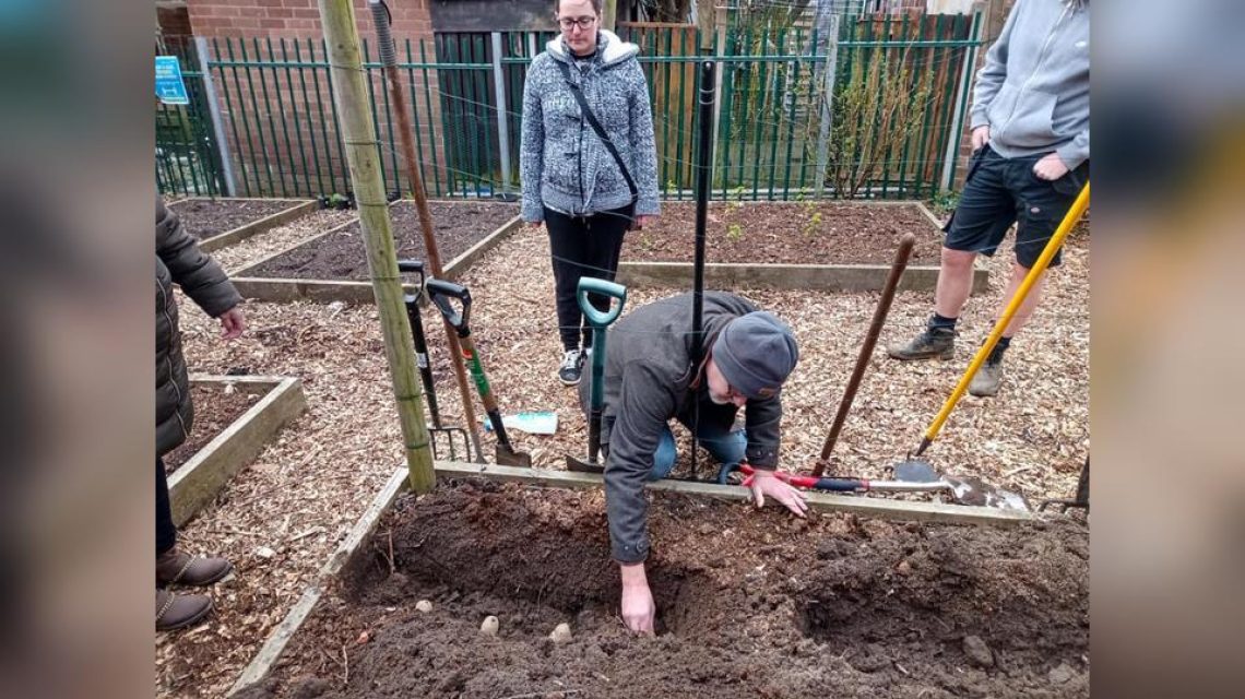 People planting seeds in a garden.